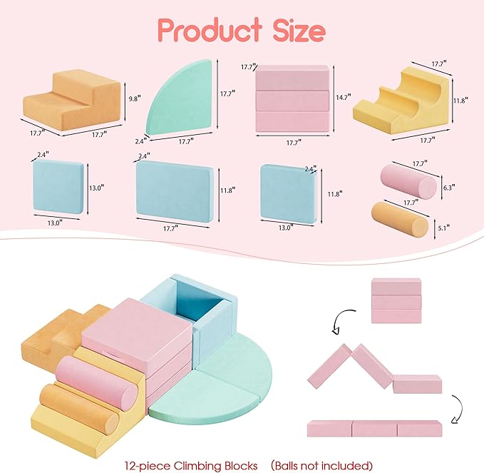 smilesun 12 PCS Foam Climbing Blocks for Toddlers with Ball Pit, Safe Soft Play Gym Set，Baby Kids' Indoor Playground Foam Blocks for Crawling, Climbing Motor Skills Development（Colorful）