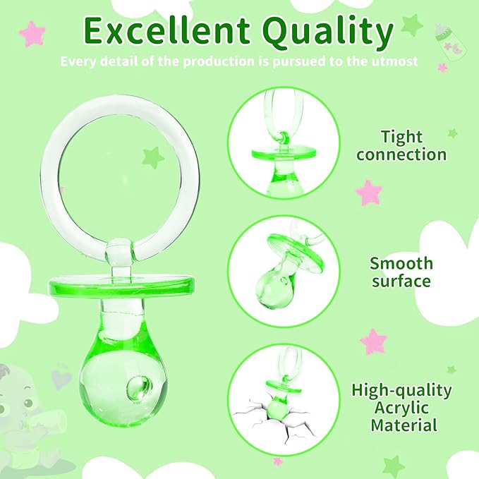 Pacifiers for Baby Shower Game, 36 Large Size Plastic Pacifiers for Baby Shower Decoration DIY, Hunt Game Props, Gender Reveal Party Table Scatter(Green, 2.75 in)