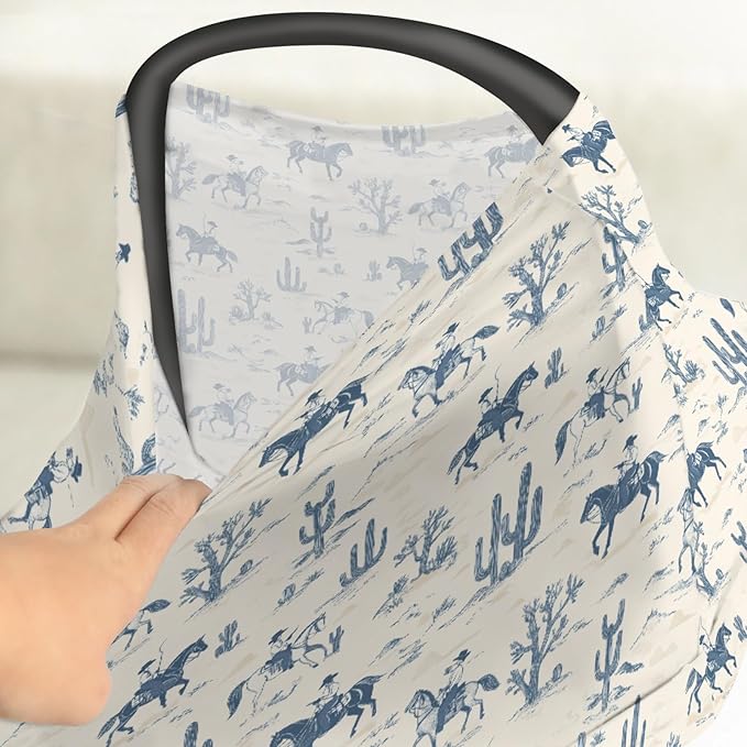 Vintage Western Cowboy Car Seat Cover for Babies Retro Cowboy Horse Cactus Stretchy 5-in-1 Cover Adjustable Car Canopy Breastfeeding Cover Wild Desert Breathable Nursing Cover-Up