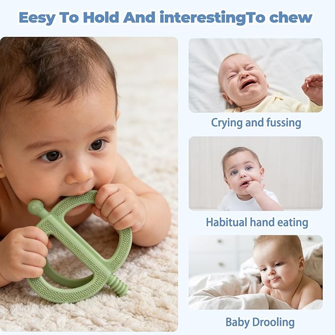 2 Pack Get-A-Grip Baby Teether Toy, No-Drop Sensory Teether with Easy Grasp for Babies 6-12 Months, Silicone Food-Grade Teething Mittens for Infant Chew Toys & Teething Relief(Green&Khaki)