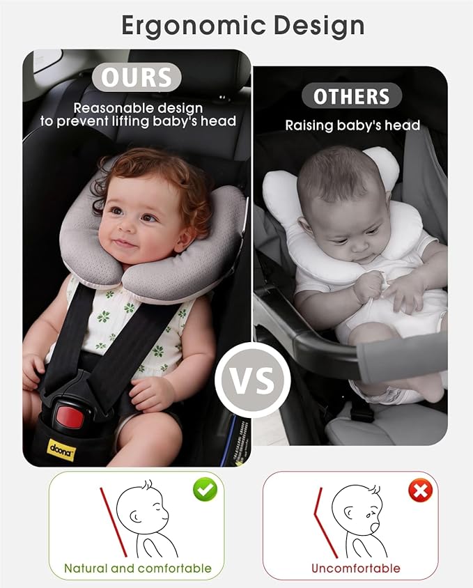 Baby Neck Pillow for Car Seat and Stroller, Adjustable Baby Head Support Pillow for Travel, Soft and Cushiony Torticollis Pillows for Infant and Newborn (Gray)