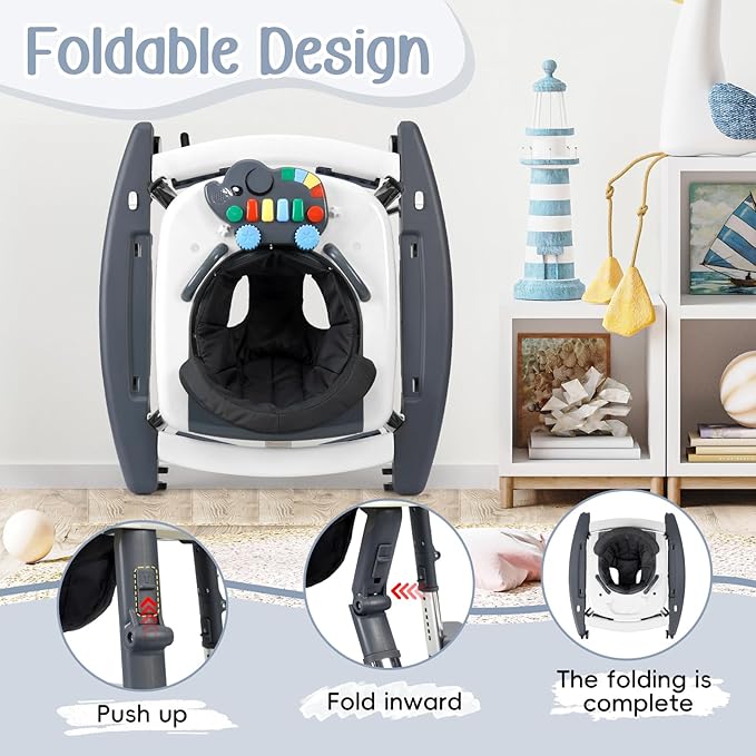 5 in 1 Baby Walker Foldable Music and Lights with 5 Adjustable Heights, Baby Walker with Wheels Portable, Infant Toddler Walker for Baby Boy Girls 6-18 Months (D-Grey)