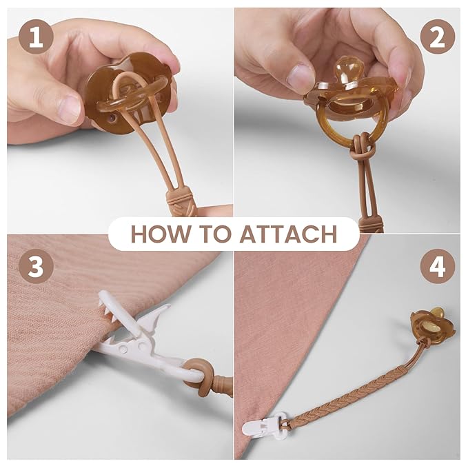 4 Pcs Brown Baby Silicone Teething Pacifier Clip,One-piece Design,Woven Shape,BPA Free.