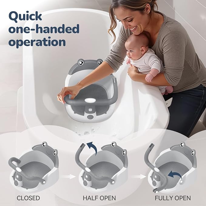 Baby Bath Seat for Babies 6 Months & Up - One-Handed Snap-On Armrest Baby Bath Chair | 4 Suction Cup Non-Slip Baby Bathtub Seat with Storage Bag | Ergonomic Infant Bath Seats for Baby Sitting Up Grey