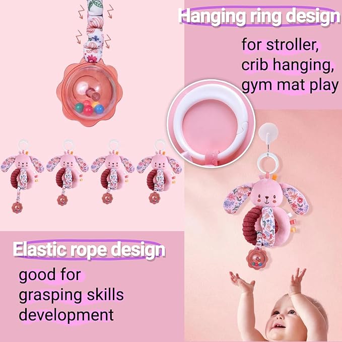 Baby Stroller Hanging Car Seat Toys for Infants 0-6 Months Girl 0-2-3-4-5-7-8-9-10 6-12 Month Old Newborn Gifts, Carseat Pink Plush Bunny Toy for Babies Play Gym Rattle Easter Basket Stuffers