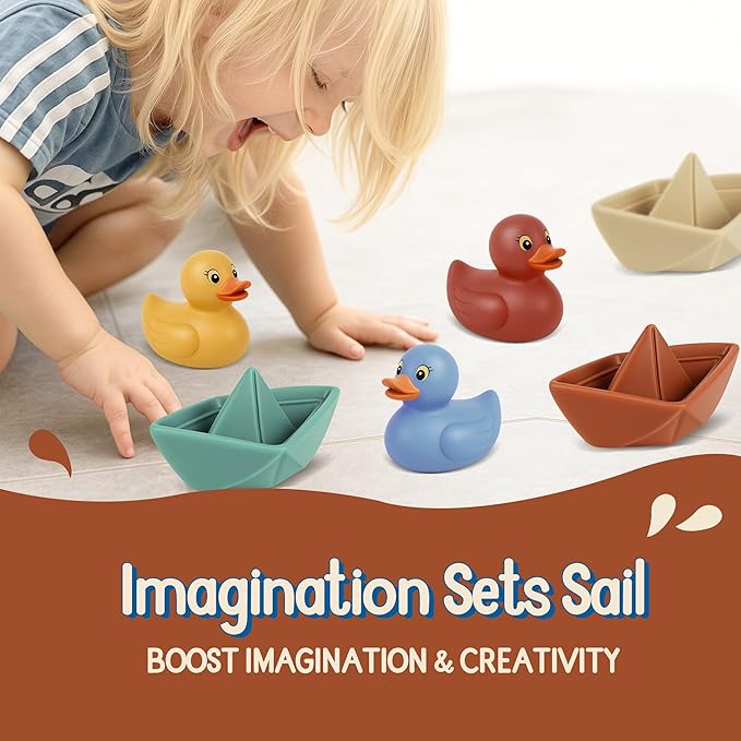 Bath Toys for Toddlers 1-3, Soft & Textured Montessori Baby Toys 6-12 Months, Floating Boat & Spraying Duck Bathtub Set, Sensory Water Play for Boys & Girls