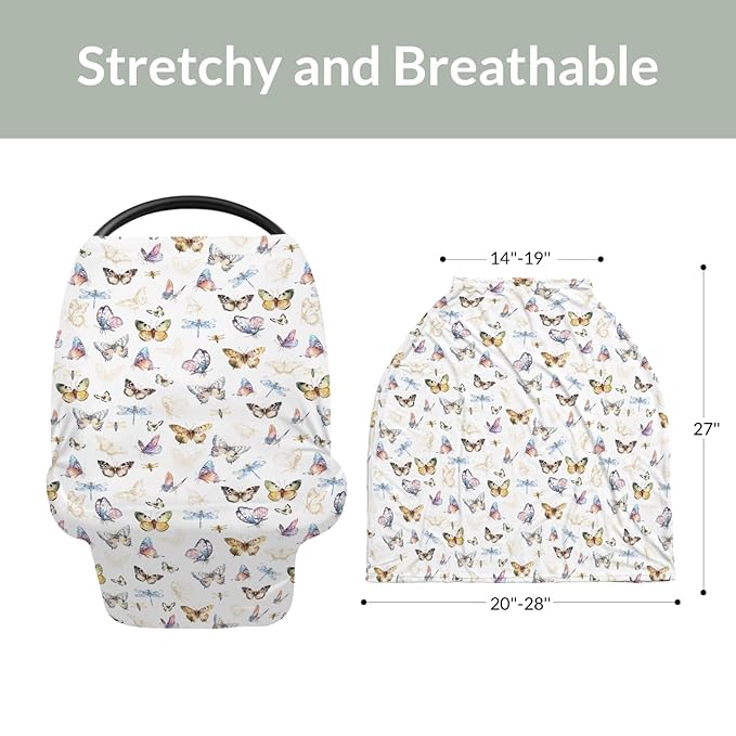 Boho Butterflies Dragonflies Baby Car Seat Covers Vintage Butterflies Stretchy 5-in-1 Cover Adjustable Infant Carseat Cover Canopy Garden Meadow Breathable Nursing Cover-Up