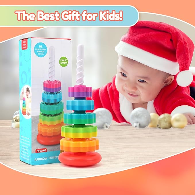 Riuja Baby Spinning Stacking Toys, 1-3 Rainbow Ring Stacker Montessori Toys for Babies, Sensory Toys for Toddlers, Christmas and Birthday Gifts Suitable for Boys and Girls (14 inches)