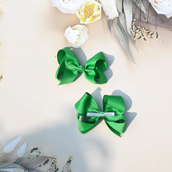 2 PCS 4.5inchs Hair Bows for Girls Grosgrain Ribbon Hair Bow Alligator Clips Hair Accessories for Baby Girls Toddlers(Green)