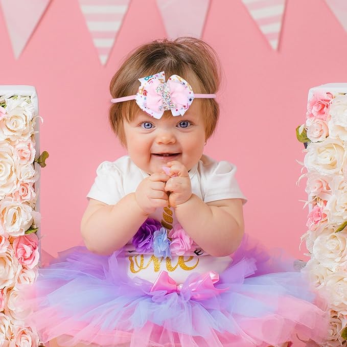 Glitter 1st Birthday Bow Headband for Baby Girls, Her First Birthday Pink Party Dress Photo Decoration Accessories, Cute one year old Princess Happy Birthdays Favor Gift