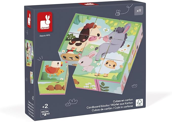 Janod - Farm-Themed Cardboard Puzzle Cubes for Toddlers (9 Cubes, 6 Puzzles) - Entertaining Toddlers During Travel - Enhances Fine Motor Skills - Lightweight and Safe - Educational and Fun