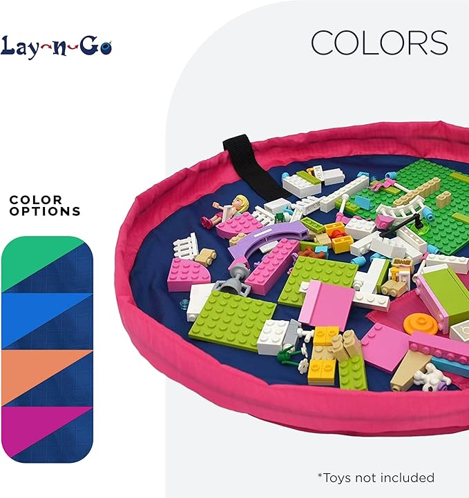Lay-n-Go Layflat Portable Drawstring Cinch Storage Toy & Mini Figures Organizer & Play Mat, Mesh Pockets, Home & Travel, Kids & Toddlers Playdates, 2 Straps for Backpack, Durable, Machine Washable