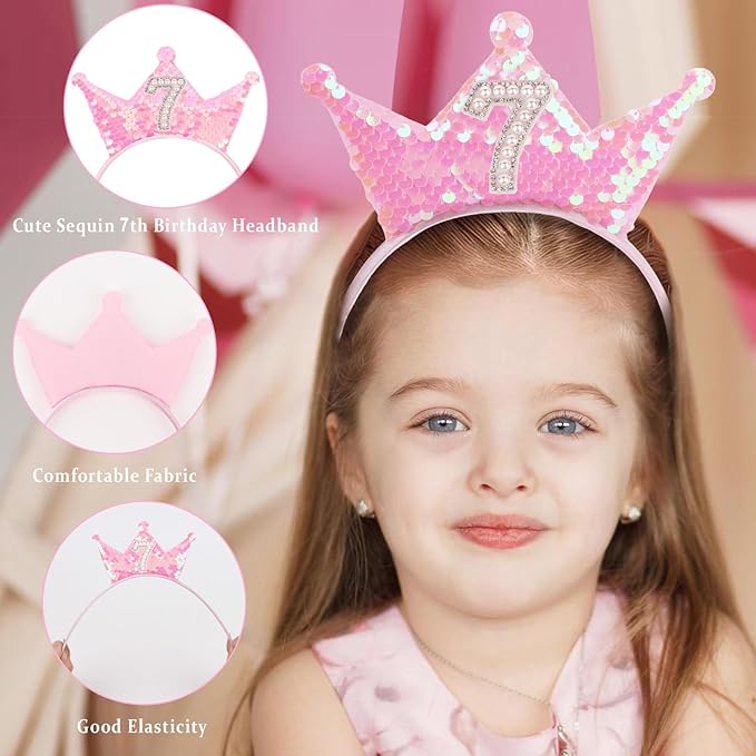 Birthday Crown Headband Pink Glitter Headbands for Girls Gifts for 7 Year Old Girls 7th Birthday Decorations