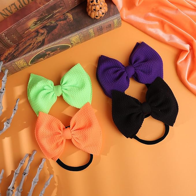 Hairband, 4 Pack Halloween Baby Girl Headbands with Bows for Newborn - Orange, Black, Purple, Green Nylon Hair Accessories, One Size Fits All