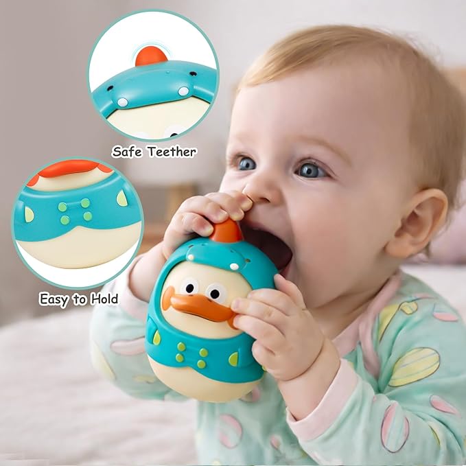Musical Wobbler Toy, Tinabless Roly Poly Baby Toys, Dinosaur-Duck Tummy Time Toy | Tumbler Wobbler Toys for Newborns 3-12 Month Baby Boys and Girls Easter Basket Gifts Stocking Fillers(Blue)