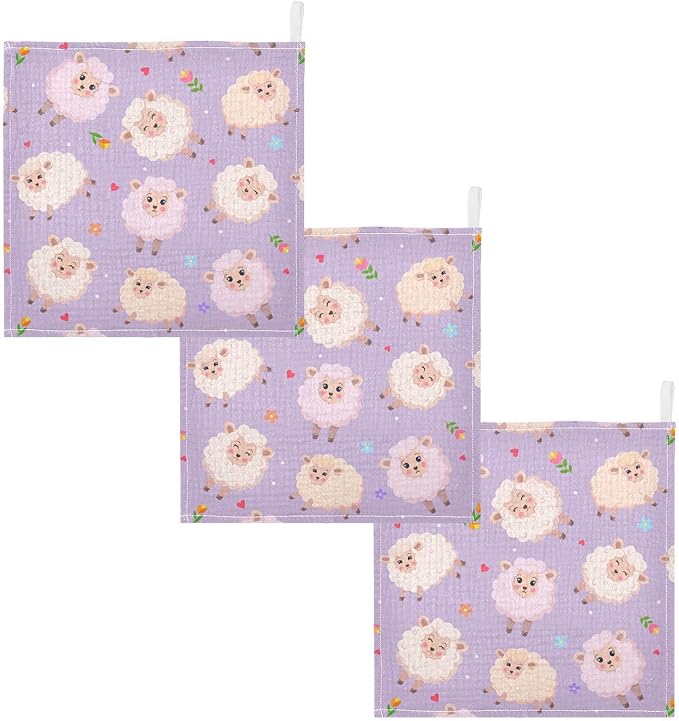 Vvfelixl Muslin Washcloths - Charming Sheeps Baby Burp Cloths, Cotton Face Towel for Newborn Infants, Boys, Girls - Soft and Absorbent, 11.8 X 11.8In, 3 Pack