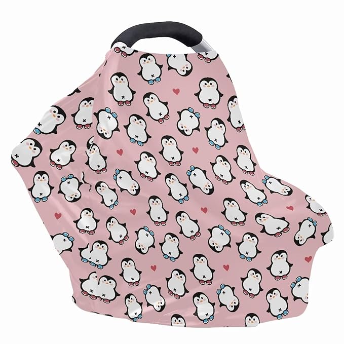 Biyejit Penguin Print Copper Pearl Multi-Use Cover: Car Seat Covers, Nursing Cover, and Stroller Cover for Sun - Stretchy Fabric, All-Season Use, Stylish Designs, Easy Access for Moms