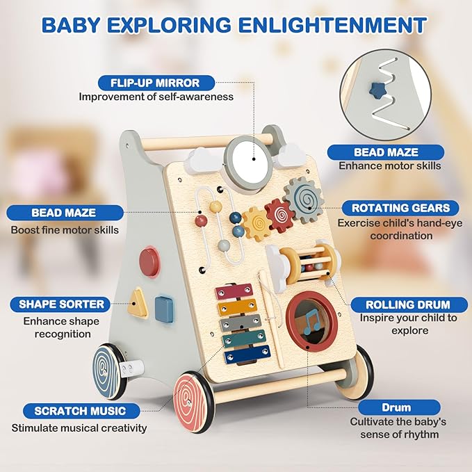 Detachable Baby Walker for Toddlers 1 Year Old Wooden Montessori Busy Board Adjustable Speed Push & Pull Walker Learning to Walk Activity Center Toy for Boys Girls 12 Months+ Baby Toys Birthday Gifts