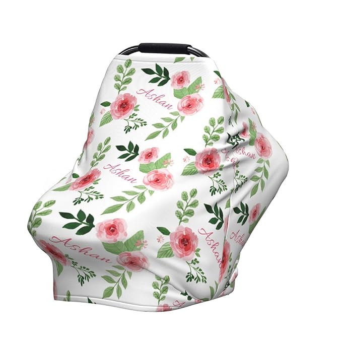Personalized Baby Car Seat Cover for Girls, Custom Floral Nursing Covers for Breastfeeding with Name, Infant Stroller Cover, Baby Carseat Canopy for Newborn, Multiuse Car Seat Canopies