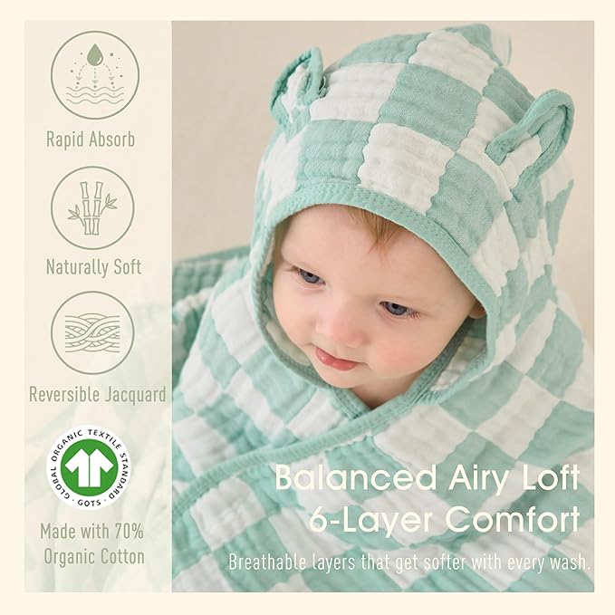 Ultra-Soft Muslin Toddler Hooded Towel - 55 x 28 Inches, Ideal for Bath & Beach, Suitable for Both Boys & Girls from Newborns to Toddlers Green Check