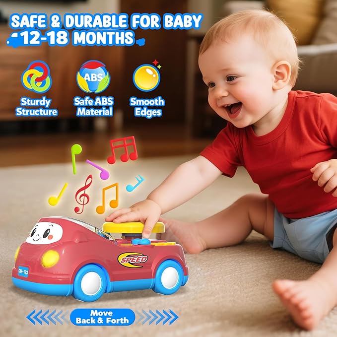 Toys for 1 Year Old Boy Gifts - 2-in-1 Toddler Push Car & Musical Racing Adventure Steering Wheel Driving Game, Interactive Simulated Driving Car for Baby 12-18 Months,Birthday Gift Ages 1-2,Light Red