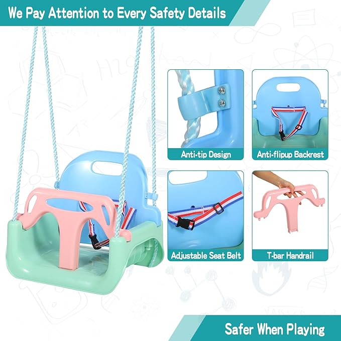 RedSwing 3-in-1 Baby Swing Seat, Toddler Swings, Anti-Flip Snug & Secure Detachable Infants to Teens Kids Swing Seat for Outside Playground, Blue Green Pink