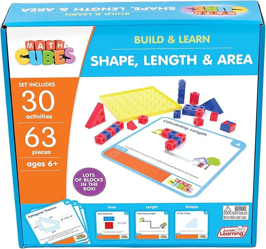 Junior Learning: Mathcubes - Shape, Length & Area - 30 Activity Set, Build & Learn, Blocks & Boards Hands On Math, Educational Set, Kids Ages 4+