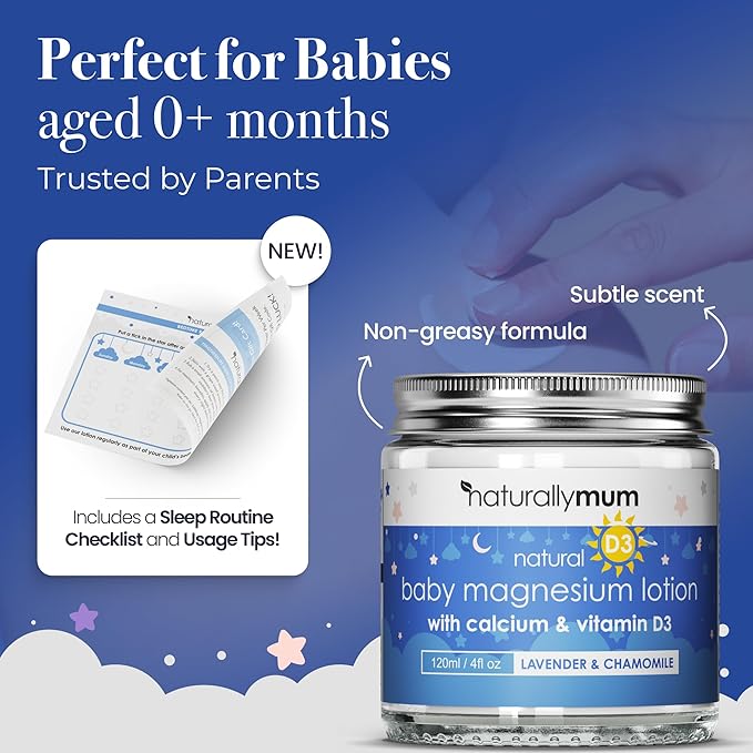NaturallyMum Baby Magnesium Lotion with Calcium & Vitamin D | Support for Sleep, Heart, Bone, Nerve, Gut and Muscle Health | Alternative to Melatonin | Lavender & Chamomile 4.2 fl oz
