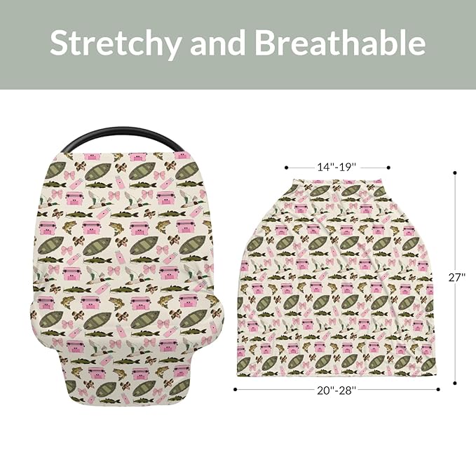 Pink Fishing Hunting Girly Baby Car Seat Covers Boats Bass Fish Duck Bows Stretchy 5-in-1 Cover Adjustable Car Canopy Cover Summer Lake Country Fishing Breathable Nursing Cover-Up