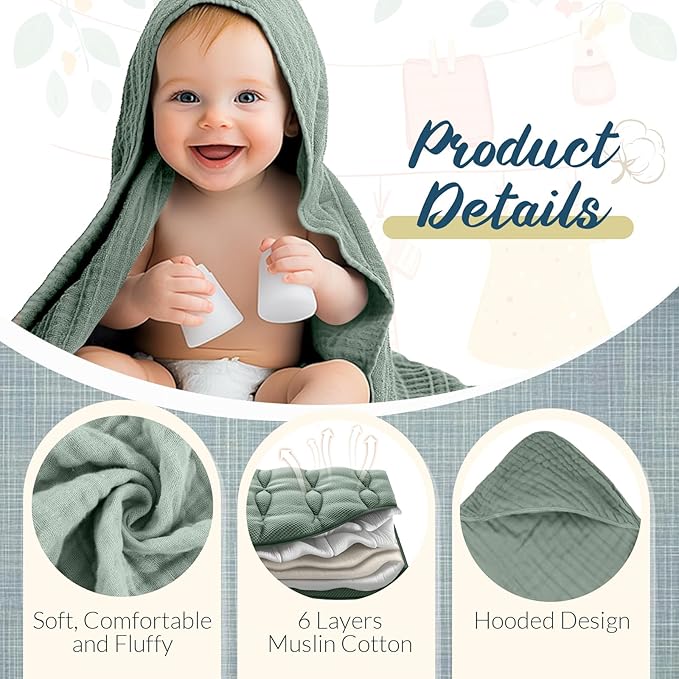 VitalCozy 8 Pcs Baby Muslin Hooded Bath Towels and Washcloths, Muslin Hooded Baby Towels Absorbent Blankets for Gift Newborn Infant Shower (Dark Green,Dark Blue)