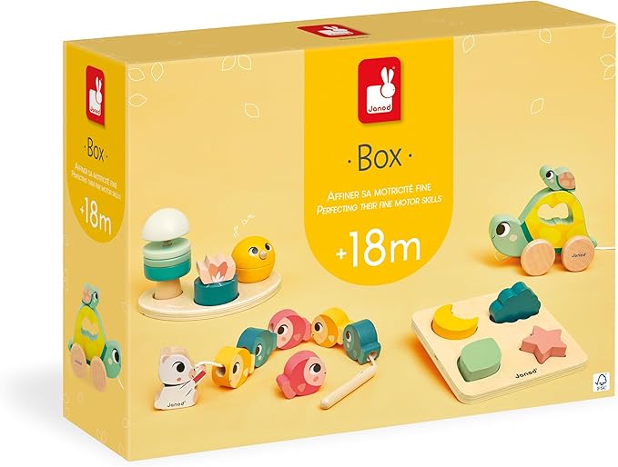 Janod - Baby Play Box - Children's Toy 18 Months - Stimulus Toys with Wooden Puzzle - Baby Motor Skills - Activity Toys and Psychomotor Development - from 18 Months - J04064