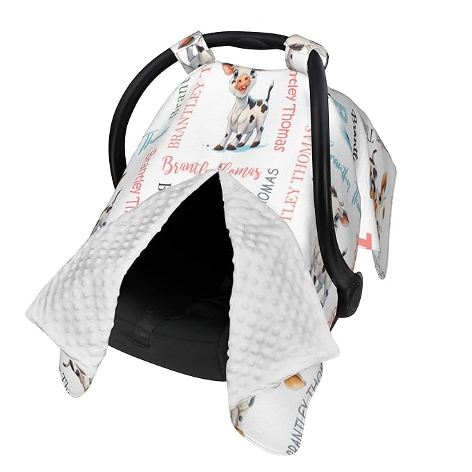 Custom Baby Car Seat Canopy Personalized Car Seat Covers with Name for Baby Boys Girls Customized Cow Nursing Breastfeeding Cover Infant Carseat Canopies Newborn Minky Baby Blanket