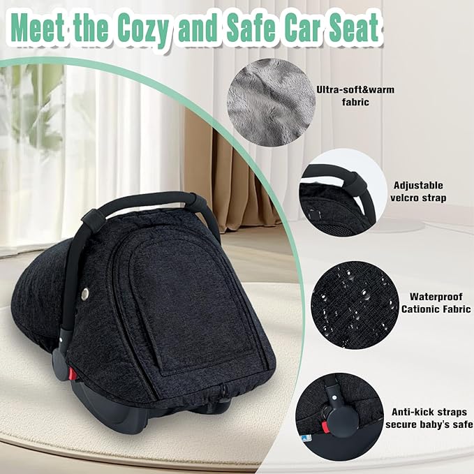 Baby Car Seat Cover Winter, Warm Cozy Carseat Cover for Babies with Mesh Window Breathable, Full Protection Infant Car Seat Covers for Boys Girls, Windproof Newborn Car Seat Canopy, Black