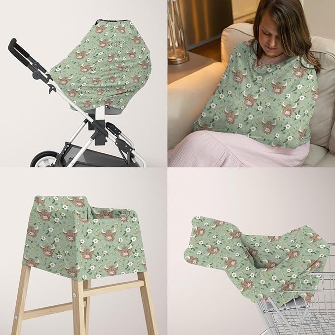 5-in-1 Unisex Cartoon Farm Cow Floral Pattern Baby Carseat Stroller Cover for Boys Girls, Highland Cow Flowers Infant Toddler Privacy Nursing Breastfeeding Canopy, Grocery Shopping Cart Cover-24x28