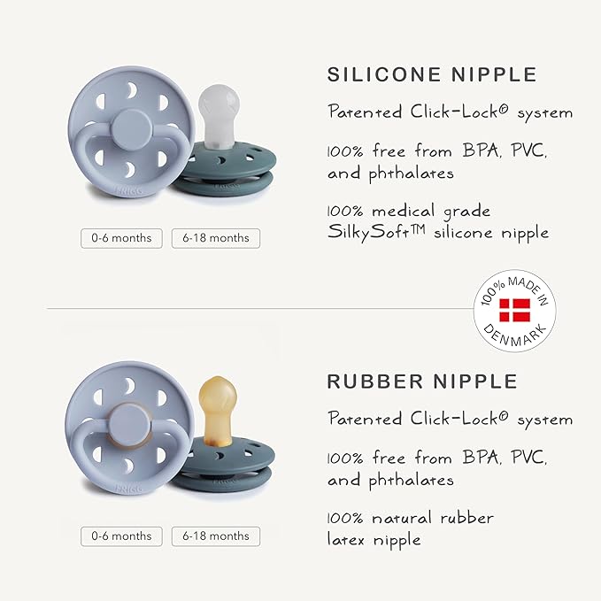 FRIGG Moon SilkySoft Silicone Baby Pacifier | Made in Denmark | BPA-Free (Powder Blue/Slate, 6-18 Months)