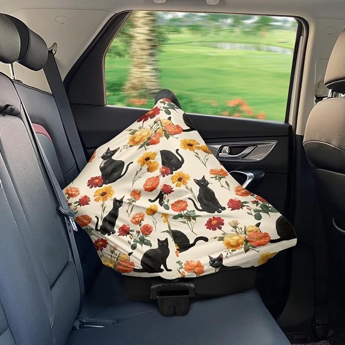AFPANQZ Black Cat Floral Soft Baby Car Seat Canopy Nursing Cover Breastfeeding Scarf Shopping Cart Covers Stroller Sunshade High Chair Cover Car Seat Covers for Girls and Boys Breathable
