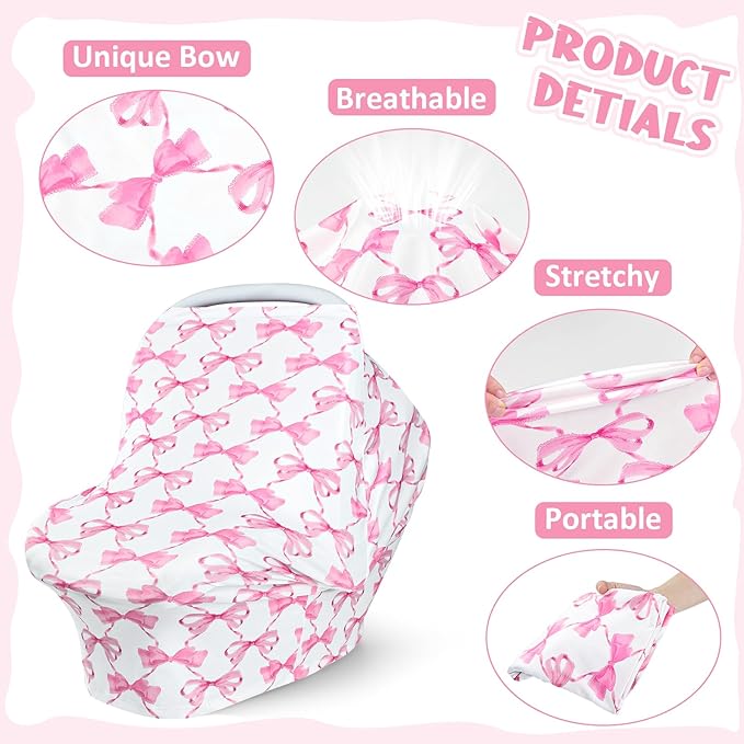 Baby Car Seat Cover Girls, Infant Carseat Canopy, Stretchy Multi- use Nursing Cover for Stroller/High Chair/Shopping Cart/Car Seat Canopies (Pink Bow)