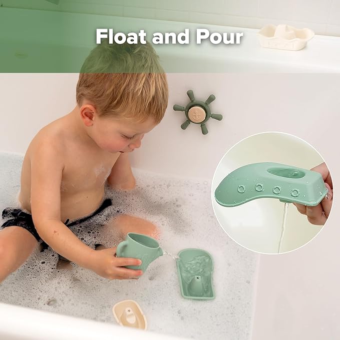 Haakaa Nautical Silicone Baby Bath Toys Set, Food Grade Silicone Bathtub Toys for Toddlers, Mold-Free Stacking Boats & Spinner Toy & Pouring Cup, BPA Free Floating Tub Toys for Baby 6M+