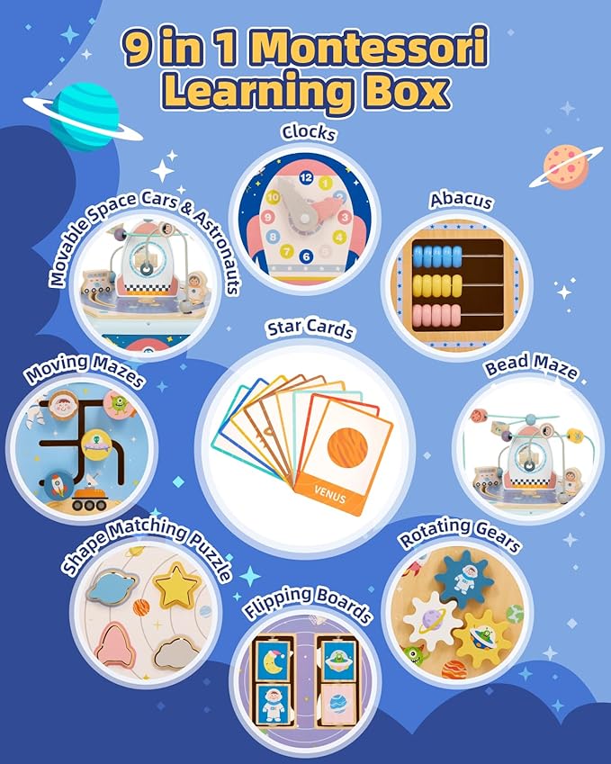 Gleamkid Large Wooden Space Activity Cube Toys, 9-in-1 Early Educational Montessori Learning Toys for 2 3 4 Toddlers with Abacus Bead Maze for 24+ Months Boys Girls First Birthday