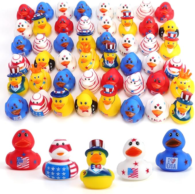 48 Pcs 2 Inch Patriotic Rubber Ducks, 4th of July Bulk Rubber Ducks Bath Toys for Kids, Independence Day Decorations for Gifts Jeep Gift Baby Shower Party Favors Decor Supplies