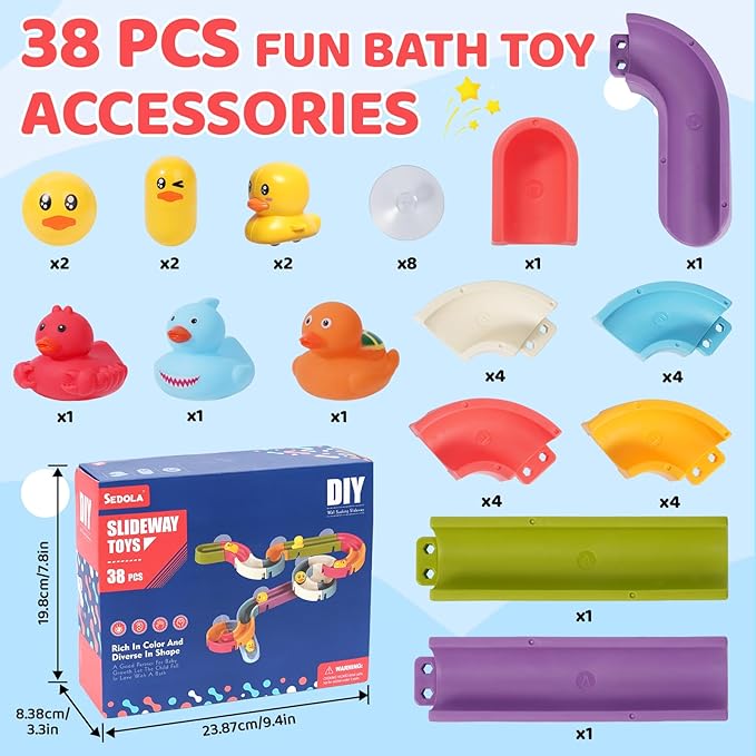 Bath Toys Toddlers（37PCS） Duck Slide Bath Toy Track with 3 Rotating Suction Cups Toys,Bath Toys for Kids Ages 4-8 , DIY Bathtub Time Birthday Gifts for Toddler Kids 3+ Years Old