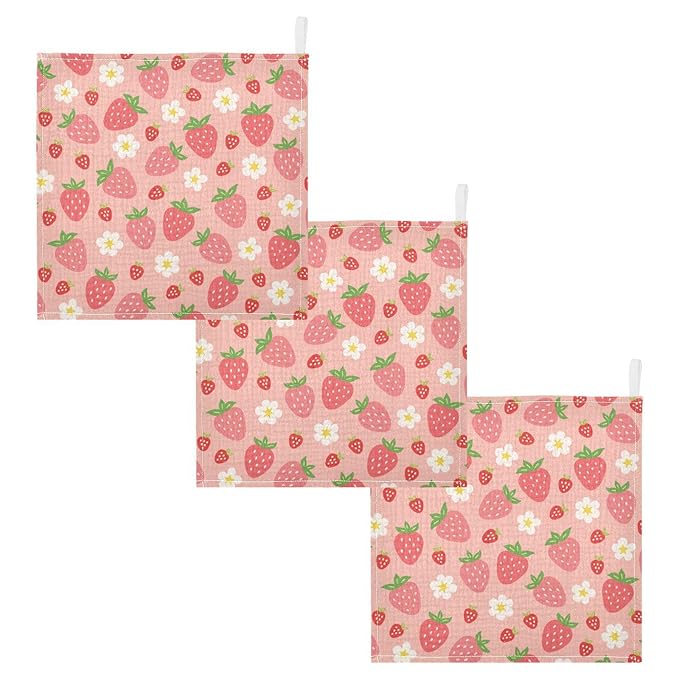 Moudou Strawberry Baby Muslin Washcloths 3 Pack, Absorbent Soft Cotton Baby Bath Face Towels Burp Cloths for Newborn Boys Girls, 12 x 12 Inch