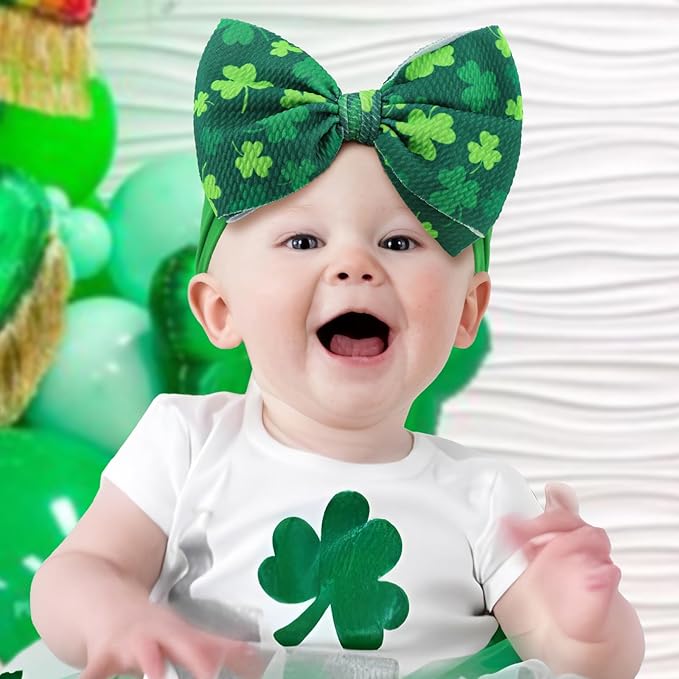 6” Large St Patricks Baby Bows Shamrock Clover Headbands Hairband Green Nylon Bows for Newborn Girls Infants Toddlers St Patricks Day Hair Accessories