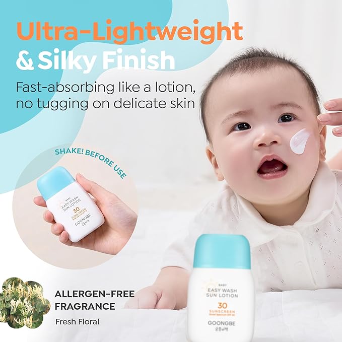 GOONGBE Baby Easy Wash Sun Lotion SPF 30 - Korean Moisturizing Zinc Oxide Mineral Sunscreen for Babies and Kids - Washes Off Easily - Vegan, Reef-Safe, Allergen-Free, 2.11 fl.oz.