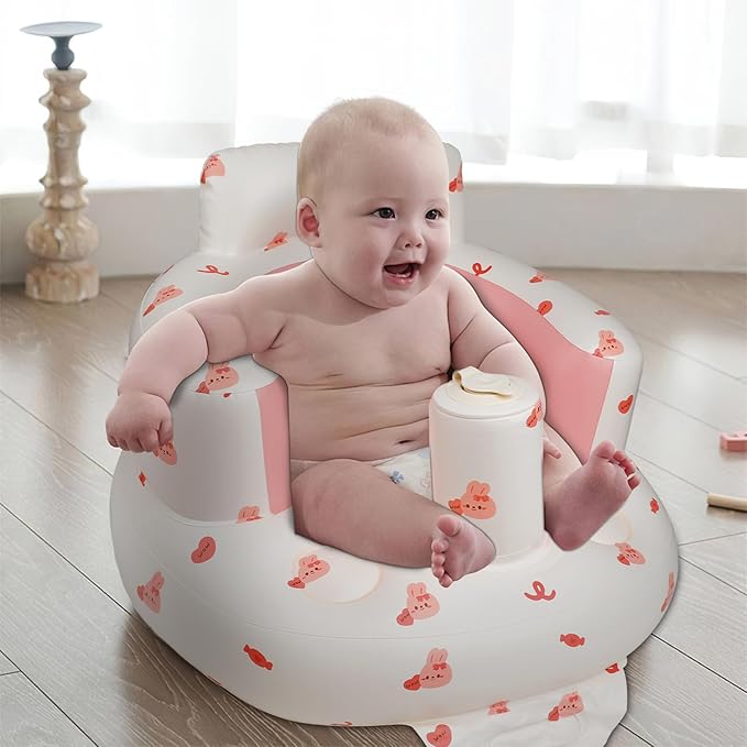 EKEPE Inflatable Baby Chair with Built in Air Pump, Sit me Up Floor Seat for Baby 3 Months & Up, Blow Up Baby Seats for for Infants for Sitting Up - Bunny