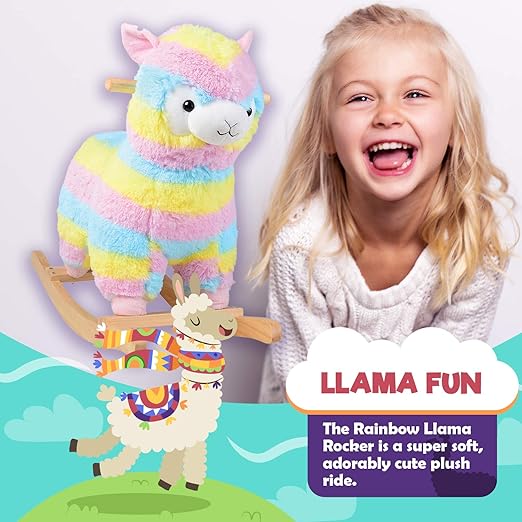 Rainbow Llama Rocker for Toddlers – Soft Plush Ride-On with Wooden Frame | Balance, Coordination, Imaginative Play & Toddler Gift, Ages 18+ Months
