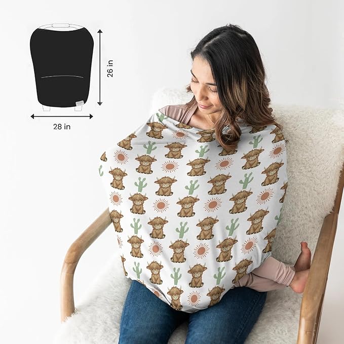 HawSkgFub Boho Highland Cow Cactus Sun 5-in-1 Car Seat Cover for Baby Girl Gift, Brown Bohemia Western Privacy Breastfeeding Nursing Cover, Newborn Infant Multi-use Carseat Canopy Carrier