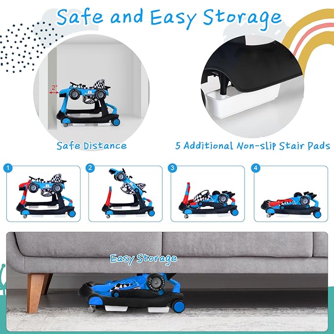 S AFSTAR 5-in-1 Baby Walker, Foldable Activity Car Walker with Adjustable Height Seat and Speed, Noiseless Smooth Wheels, Music & Light, Anti-Rollover, for Boys Girls 6-18 Months