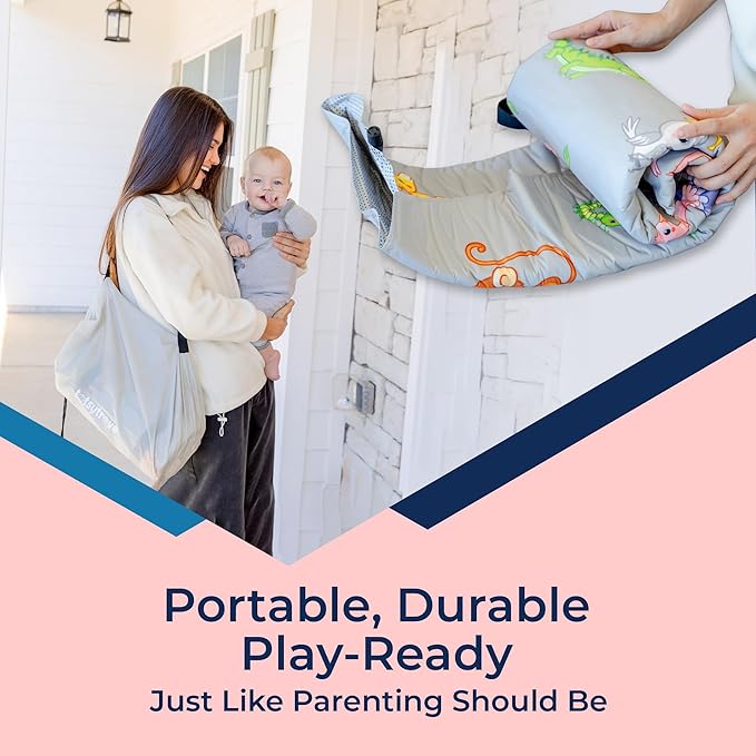 Self Inflating Hexagon Playpen Mat - 52" x 45" Non-Slip Cushioned Portable Play Area - Thick Soft Baby Play Mats for Floor - Easy Care Playmat for Infants and Toddlers - Baby Crawling Mat - Safari