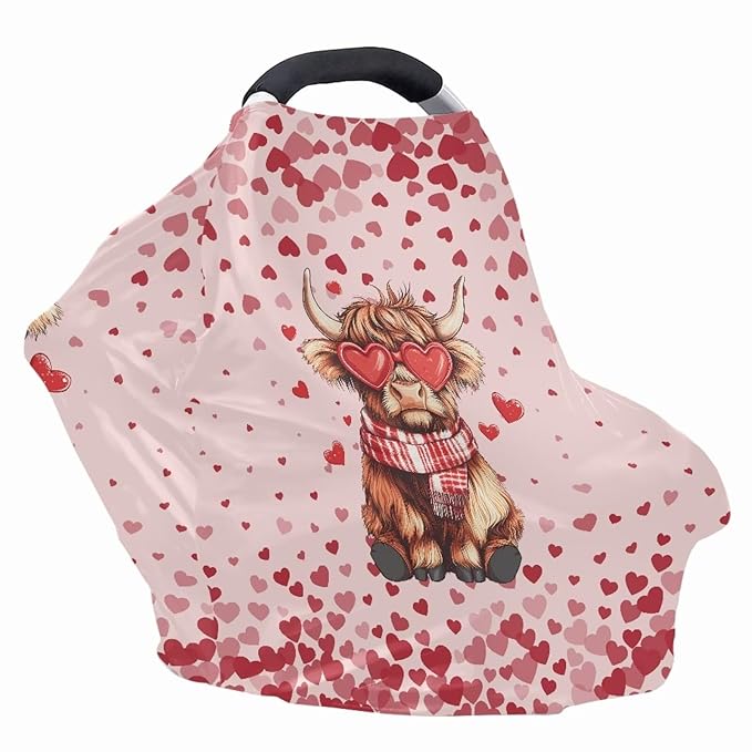 Wanyint Stretchy Baby Car Seat Cover Nursing Breastfeeding Shopping Cart High Chair Stroller Covers Infinity Scarf Car Seat Canopies for Valentine's Day, Highland Cow Heart Pink